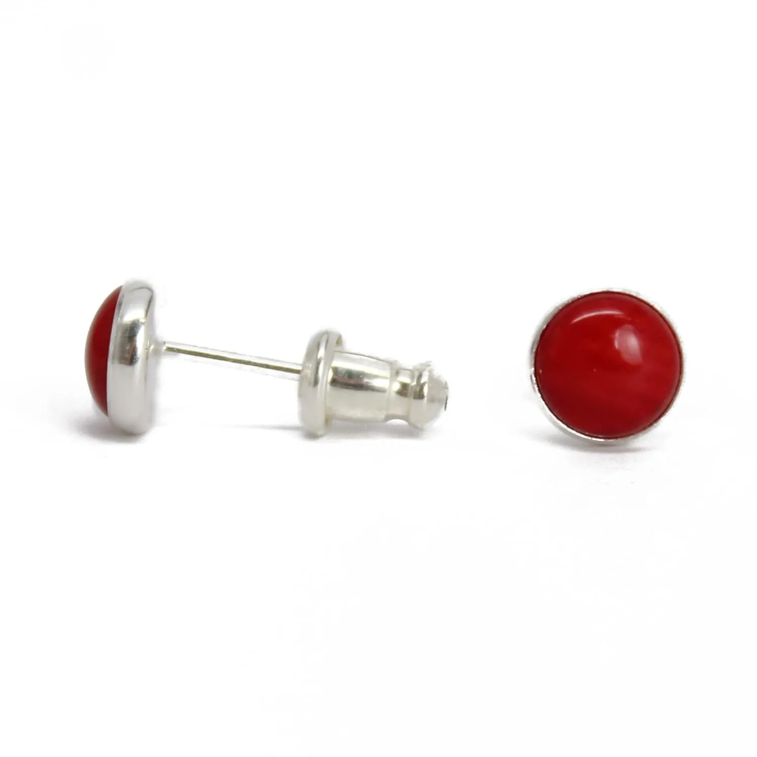 Handmade 6mm Red Coral Stud Earrings for Women and Girls, Round Bezel 925 Sterling Silver (No Gemstone)