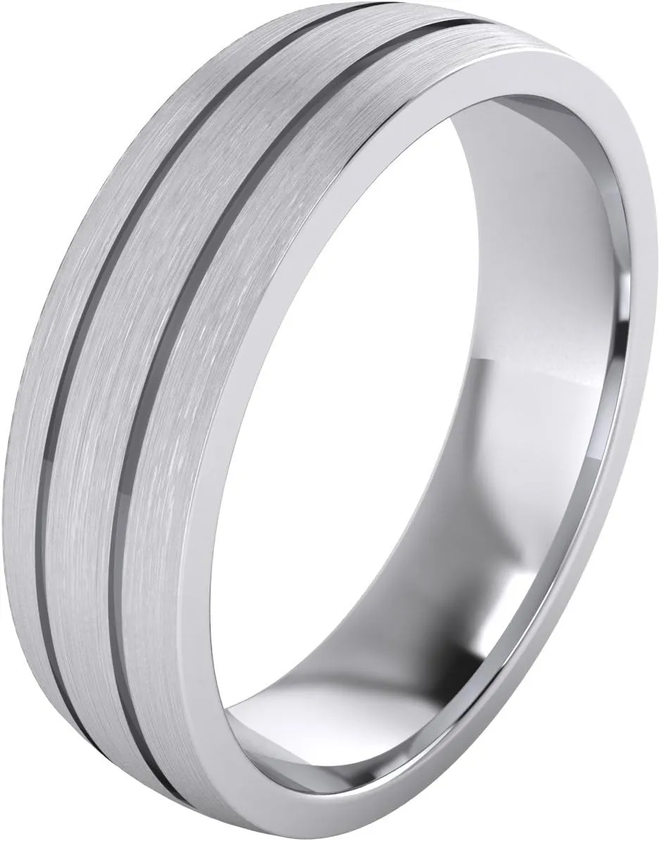 Heavy Solid Sterling Silver 6mm Unisex Wedding Band Comfort Fit Domed Ring Two Grooves Brushed Surface