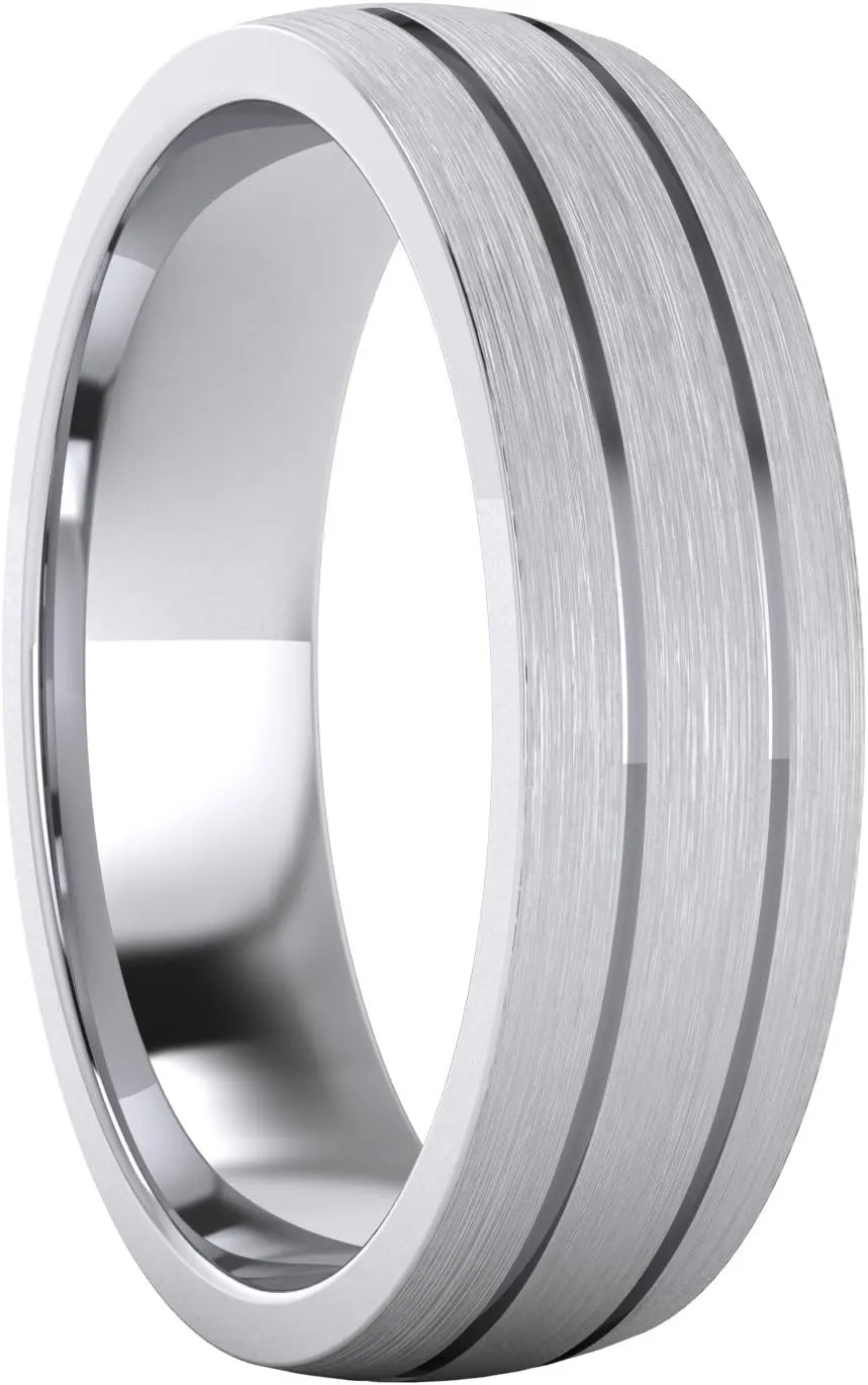 Heavy Solid Sterling Silver 6mm Unisex Wedding Band Comfort Fit Domed Ring Two Grooves Brushed Surface