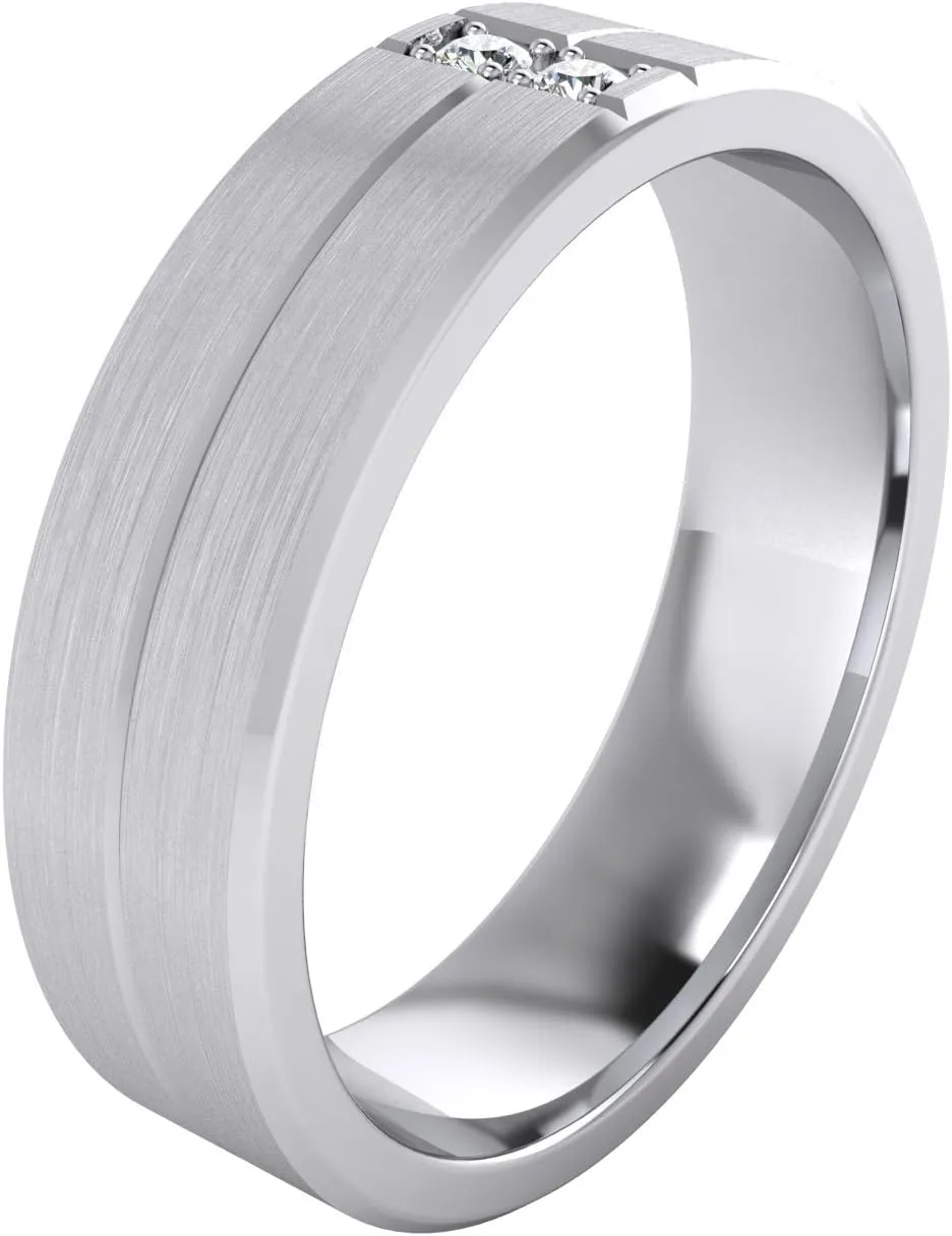 Heavy Sterling Silver 6mm Unisex Wedding Band Simulated Diamonds Ring Comfort Fit Grooved Brushed Bevelled Edges