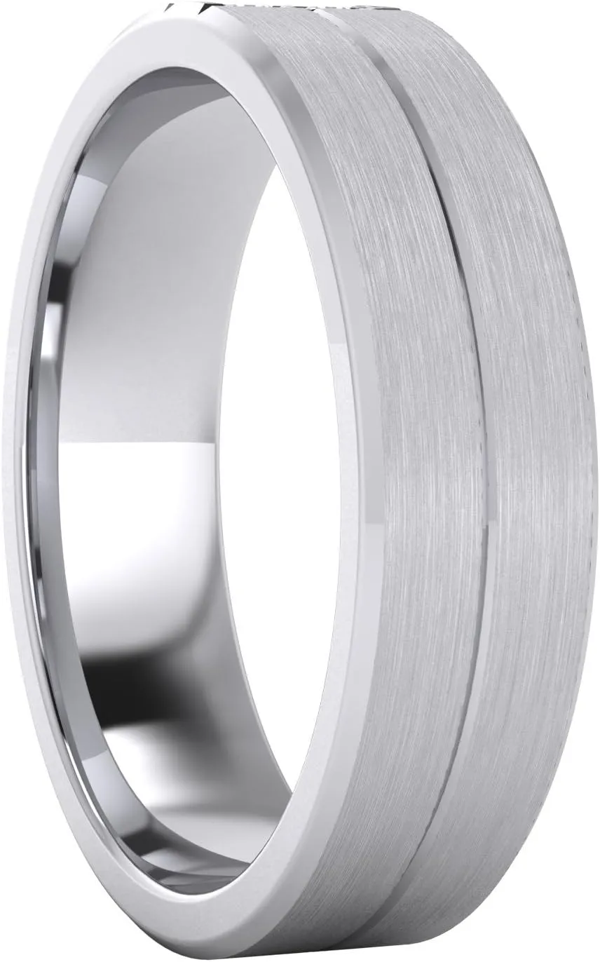 Heavy Sterling Silver 6mm Unisex Wedding Band Simulated Diamonds Ring Comfort Fit Grooved Brushed Bevelled Edges
