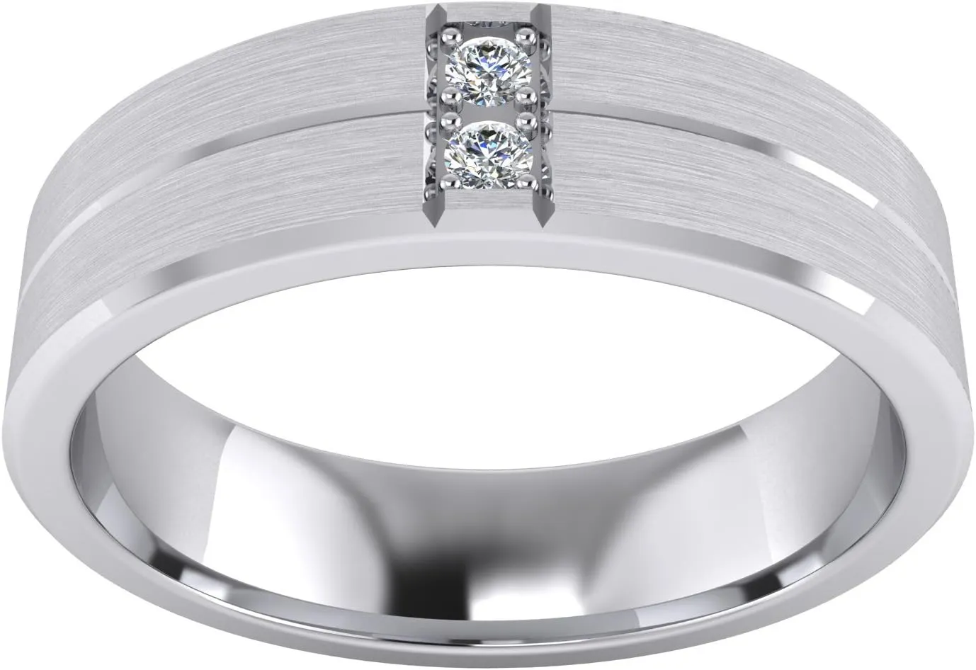 Heavy Sterling Silver 6mm Unisex Wedding Band Simulated Diamonds Ring Comfort Fit Grooved Brushed Bevelled Edges