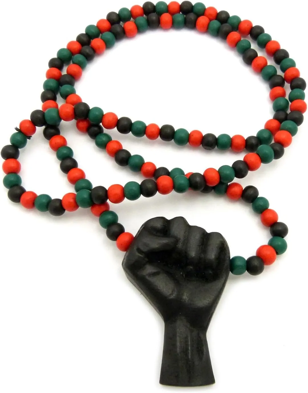 Hip Hop Black Rising Fist Pendant 8mm 24, 27, 30, 36 inches Wooden Bead Necklace