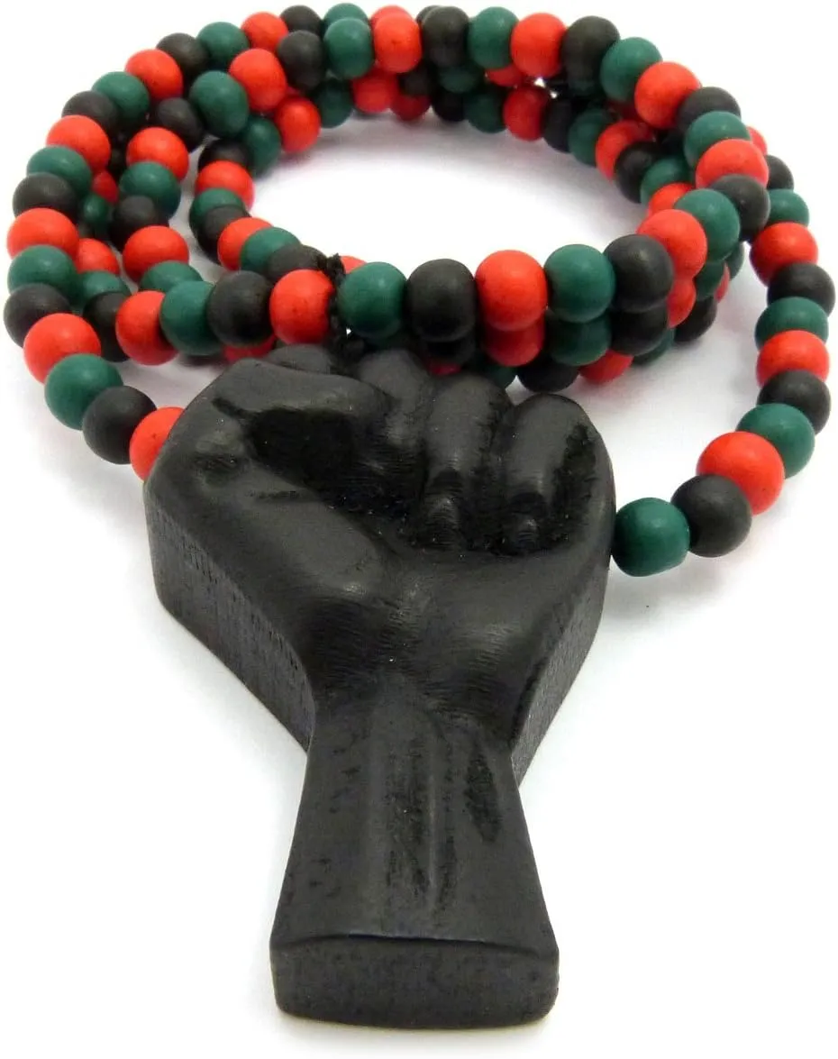 Hip Hop Black Rising Fist Pendant 8mm 24, 27, 30, 36 inches Wooden Bead Necklace