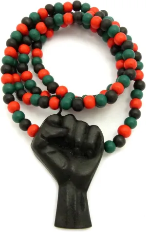 Hip Hop Black Rising Fist Pendant 8mm 24, 27, 30, 36 inches Wooden Bead Necklace