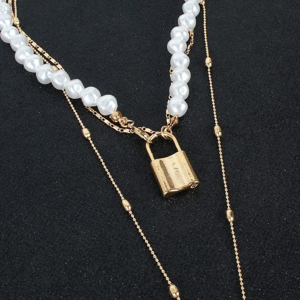 Hip Hop Multi-Layer Pearl Strand Choker Necklace Punk Layered Chunky Paperclip Link Chain Key Lock Bib Collar Necklace for Women