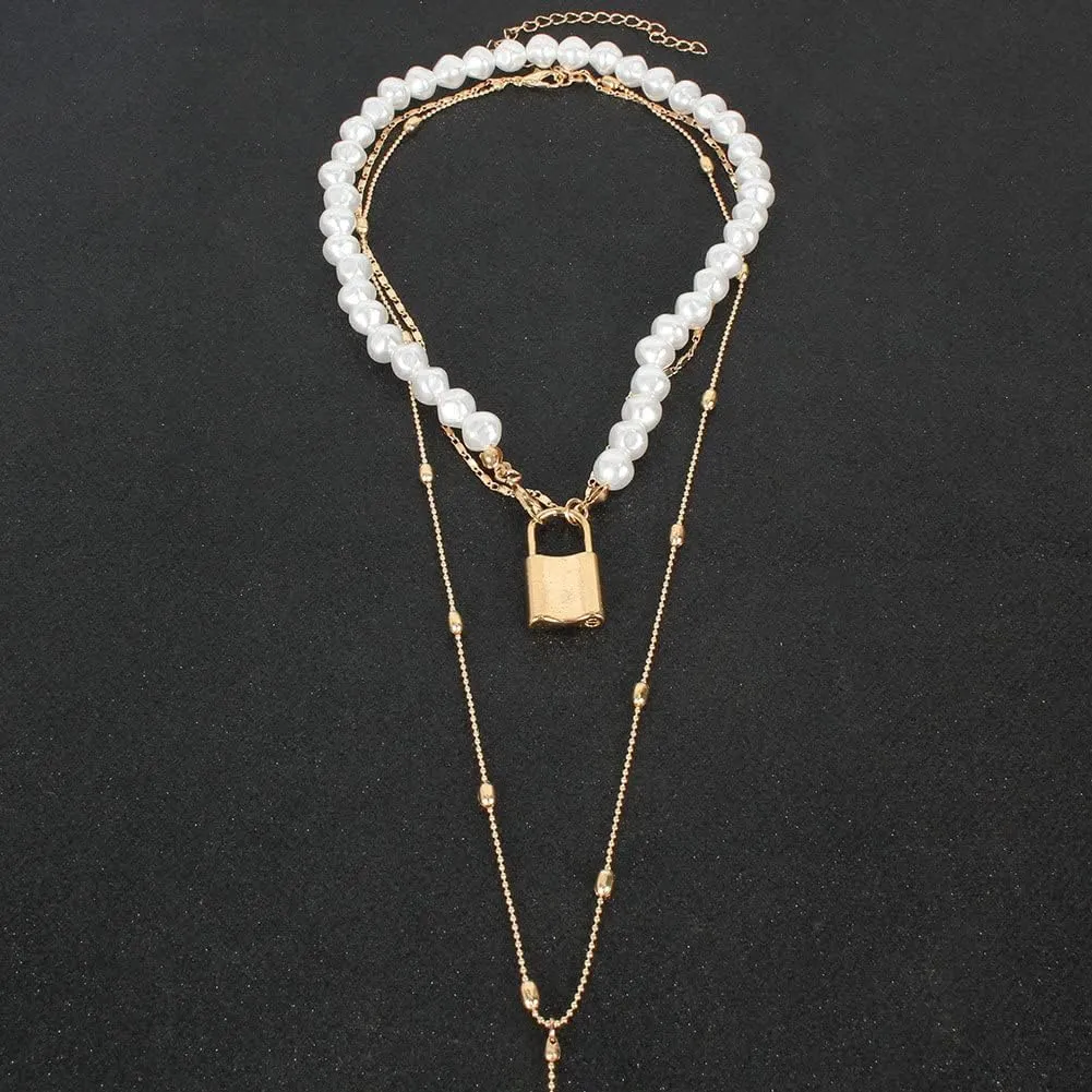 Hip Hop Multi-Layer Pearl Strand Choker Necklace Punk Layered Chunky Paperclip Link Chain Key Lock Bib Collar Necklace for Women