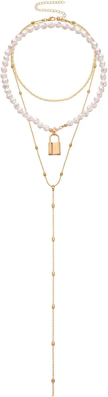 Hip Hop Multi-Layer Pearl Strand Choker Necklace Punk Layered Chunky Paperclip Link Chain Key Lock Bib Collar Necklace for Women