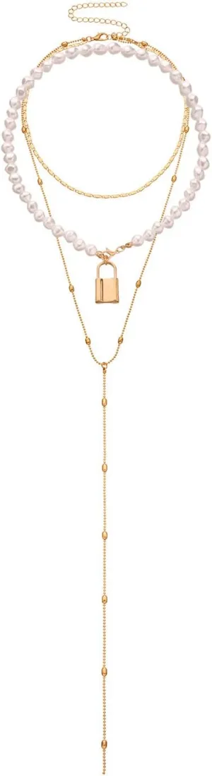 Hip Hop Multi-Layer Pearl Strand Choker Necklace Punk Layered Chunky Paperclip Link Chain Key Lock Bib Collar Necklace for Women