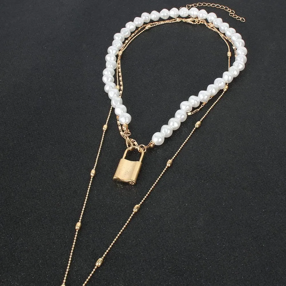 Hip Hop Multi-Layer Pearl Strand Choker Necklace Punk Layered Chunky Paperclip Link Chain Key Lock Bib Collar Necklace for Women