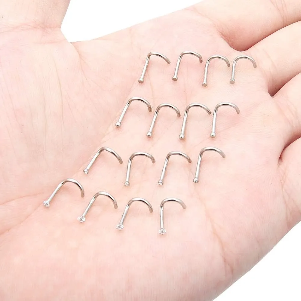 Hoeudjo 16Pcs Nose Rings 18G Nose Studs Surgical Steel 1.5MM Clear Crystal Nostril Ring Body Piercing Jewelry for Women Men