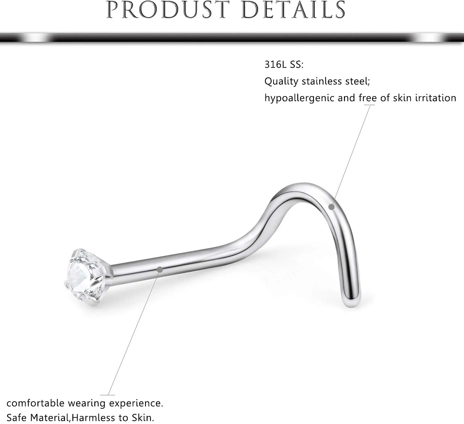 Hoeudjo 16Pcs Nose Rings 18G Nose Studs Surgical Steel 2.0MM Clear Crystal Nostril Ring Body Piercing Jewelry for Women Men
