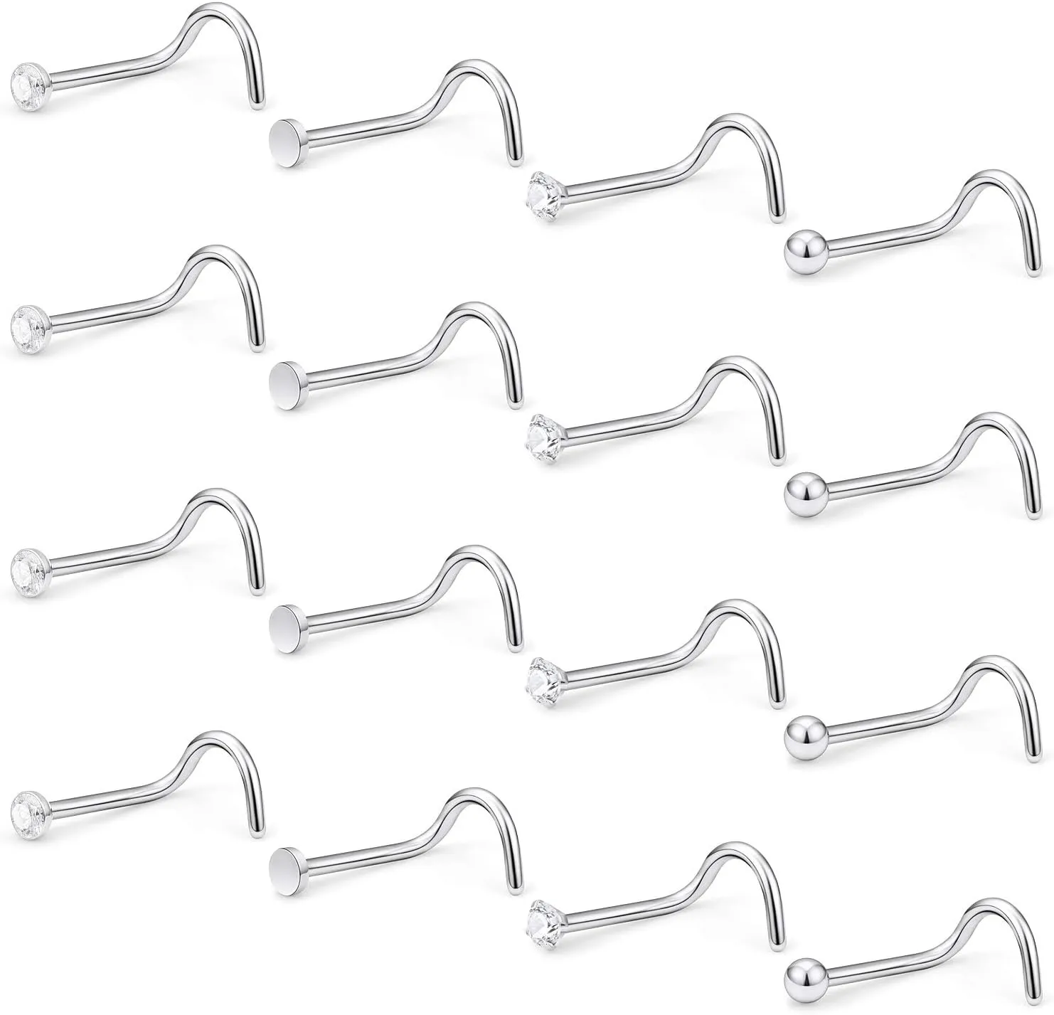 Hoeudjo 16Pcs Nose Rings 18G Nose Studs Surgical Steel 2.0MM Clear Crystal Nostril Ring Body Piercing Jewelry for Women Men