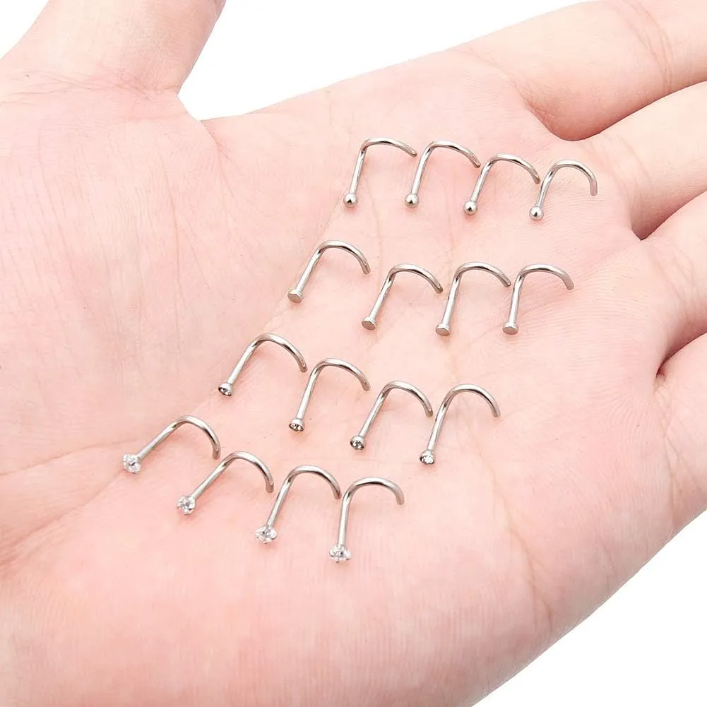 Hoeudjo 16Pcs Nose Rings 18G Nose Studs Surgical Steel 2.0MM Clear Crystal Nostril Ring Body Piercing Jewelry for Women Men
