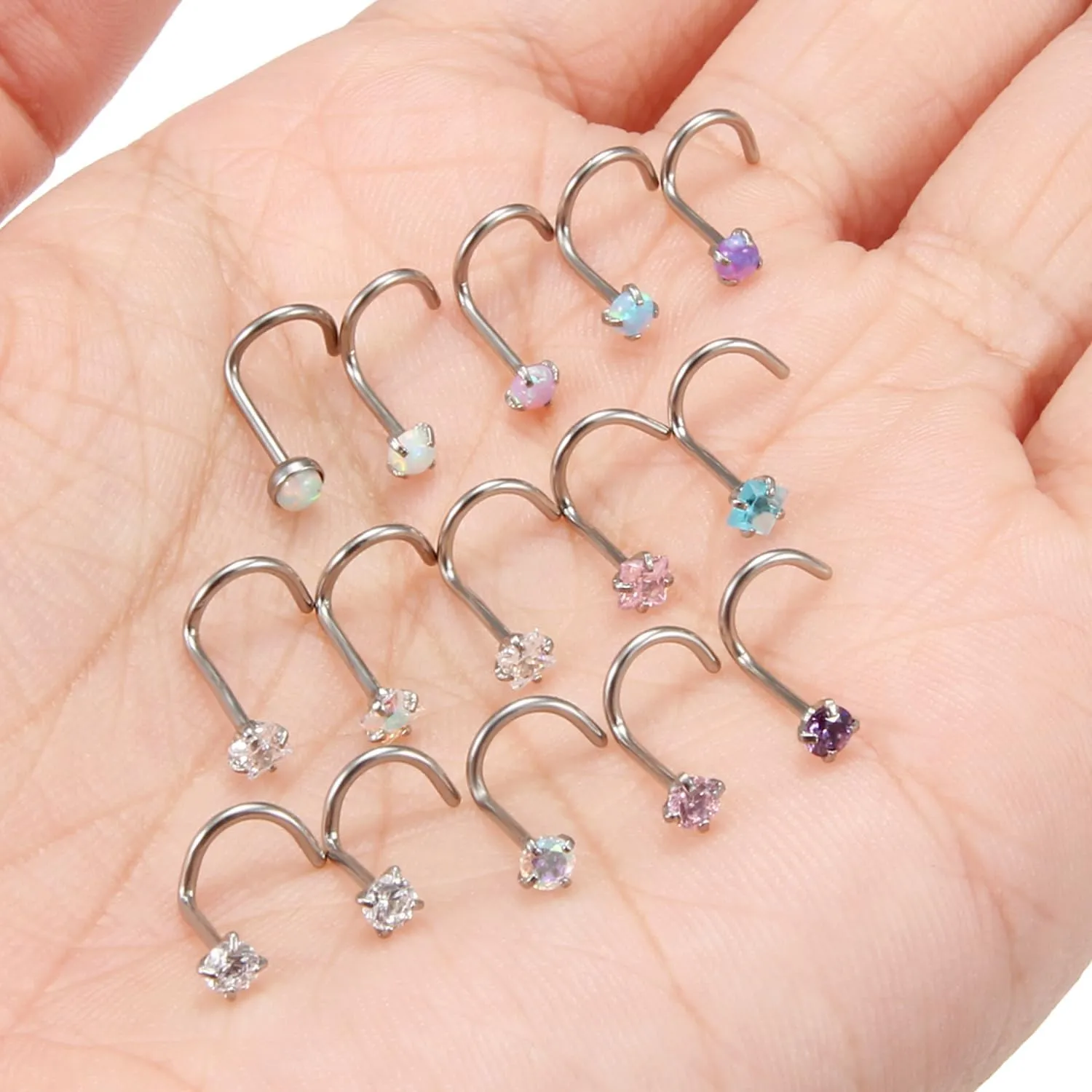 Hoeudjo Opal Nose Studs Surgical Steel Nose Rings Studs Cubic Zirconia L Shaped Nose Piercing Jewelry for Women 20G 18G