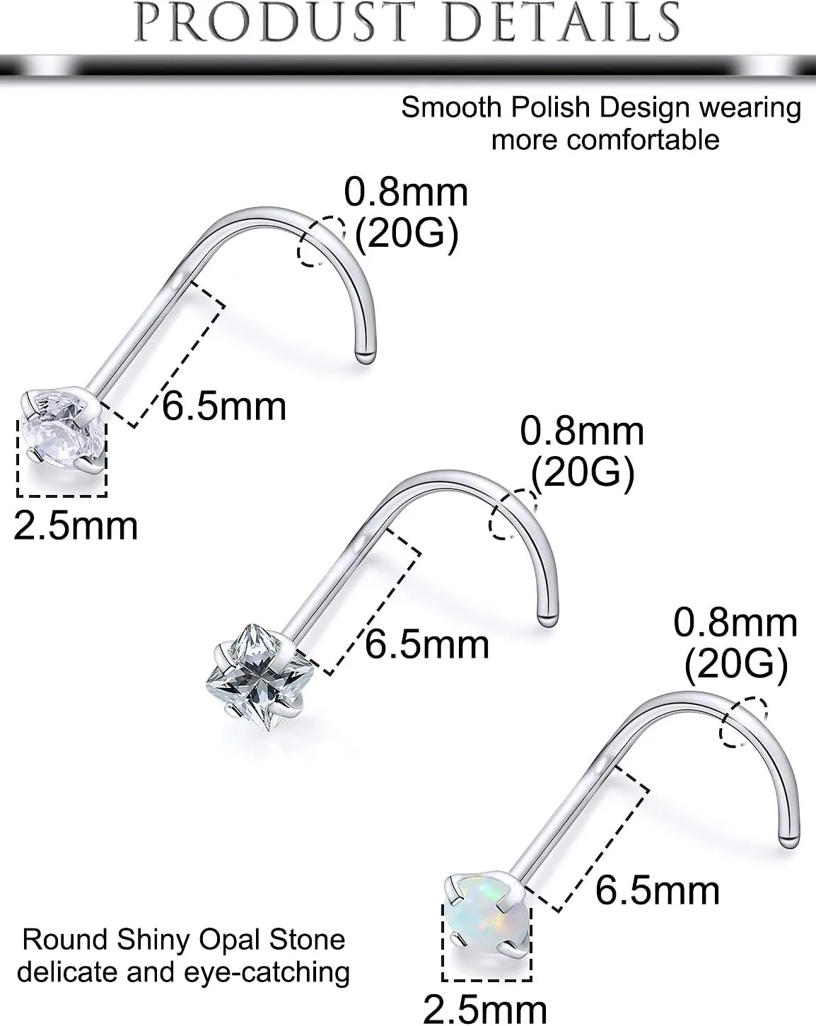 Hoeudjo Opal Nose Studs Surgical Steel Nose Rings Studs Cubic Zirconia L Shaped Nose Piercing Jewelry for Women 20G 18G