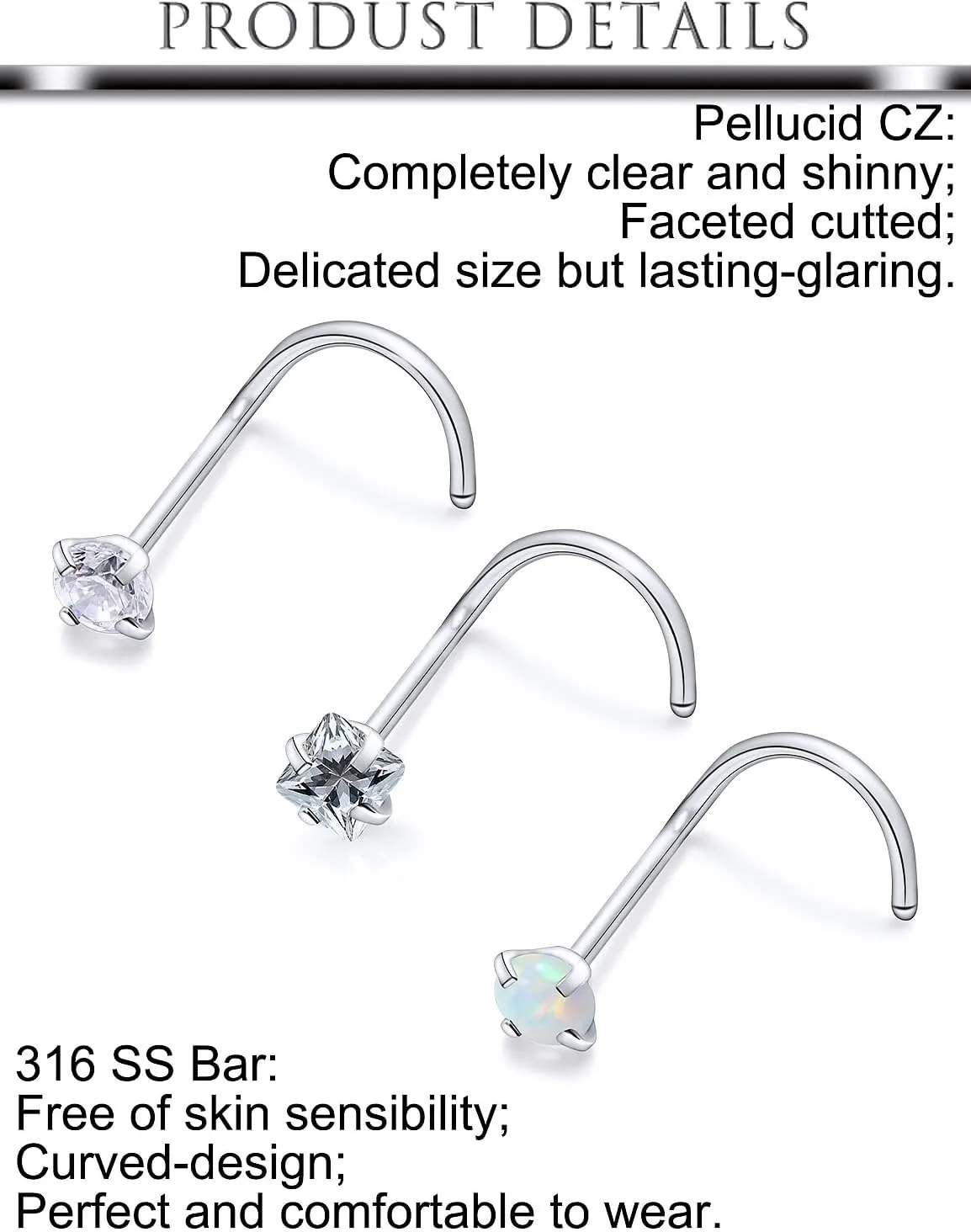 Hoeudjo Opal Nose Studs Surgical Steel Nose Rings Studs Cubic Zirconia L Shaped Nose Piercing Jewelry for Women 20G 18G