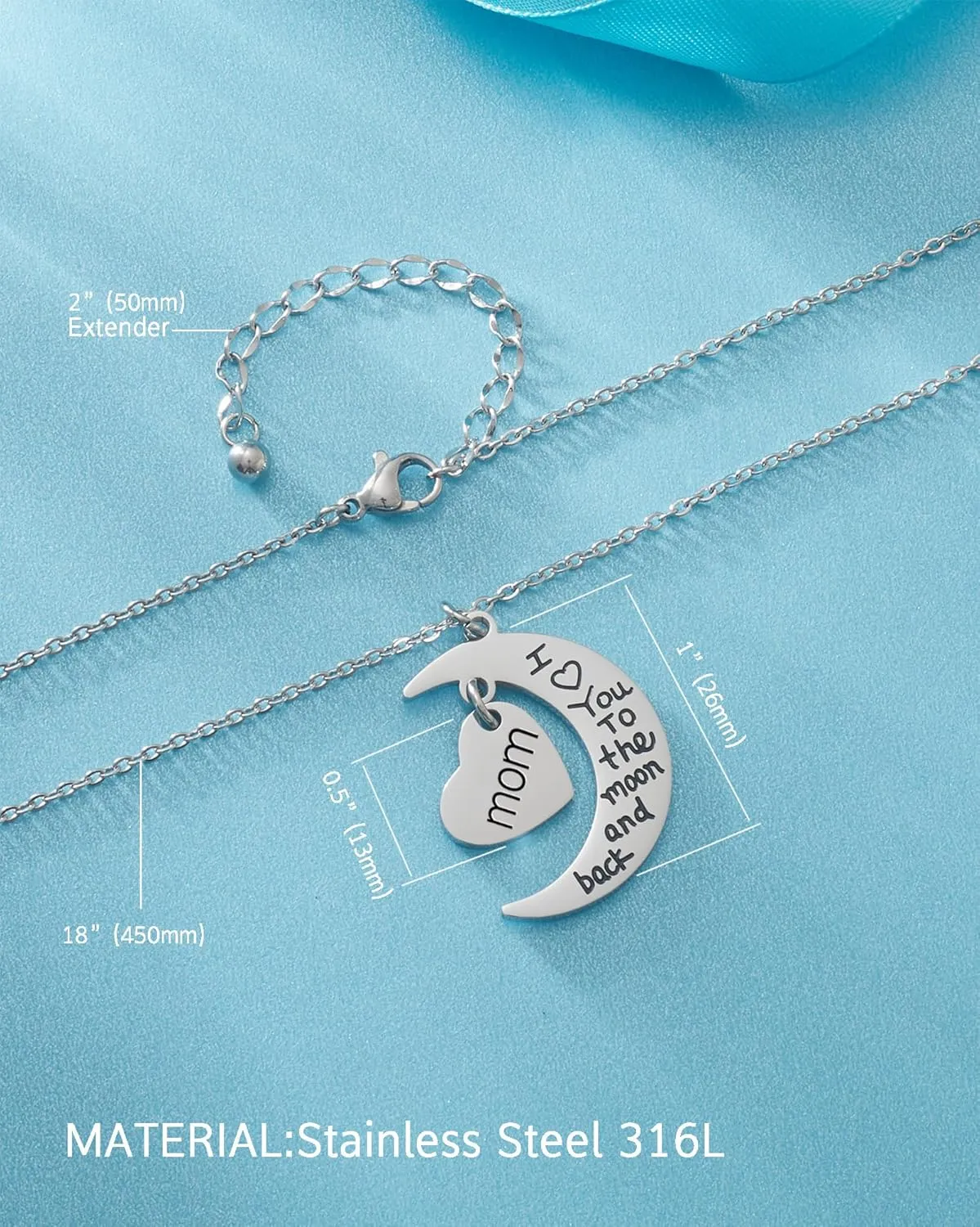 HOFOYA I Love You to The Moon and Back Stainless Steel Chain Necklace Jewelry Gifts for Mom Auntie Sister Grandma Teensdaughter,Birthday Christmas Valentines Gift for Women Teens.
