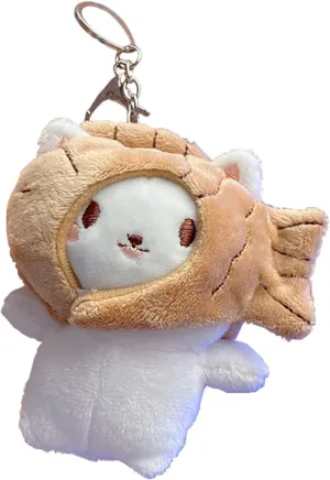 HSYHERE Lady Girl Cute Plush Pp Cotton Cat Taiyaki Key Chain Creative Animal Pendant Detachable Doll Pendant Car Key Chain Backpack Pendant Metal Key Ring