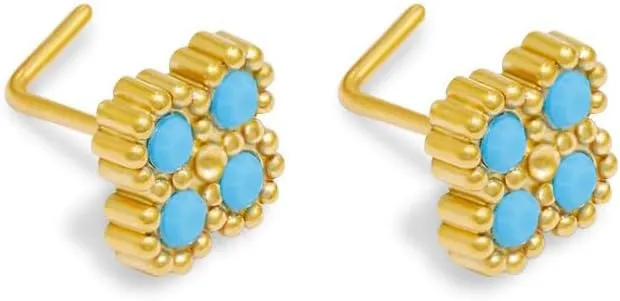 Hypoallergenic 316L Surgical Steel L-Shaped Nose Stud Ring for Women 20G Blue Turquoise Flower Nose Rings Studs Dainty Nostril Piercing Jewelry 2Pcs
