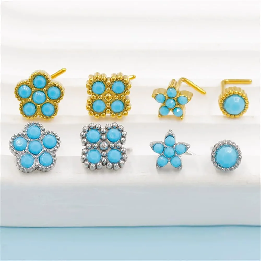 Hypoallergenic 316L Surgical Steel L-Shaped Nose Stud Ring for Women 20G Blue Turquoise Flower Nose Rings Studs Dainty Nostril Piercing Jewelry 2Pcs