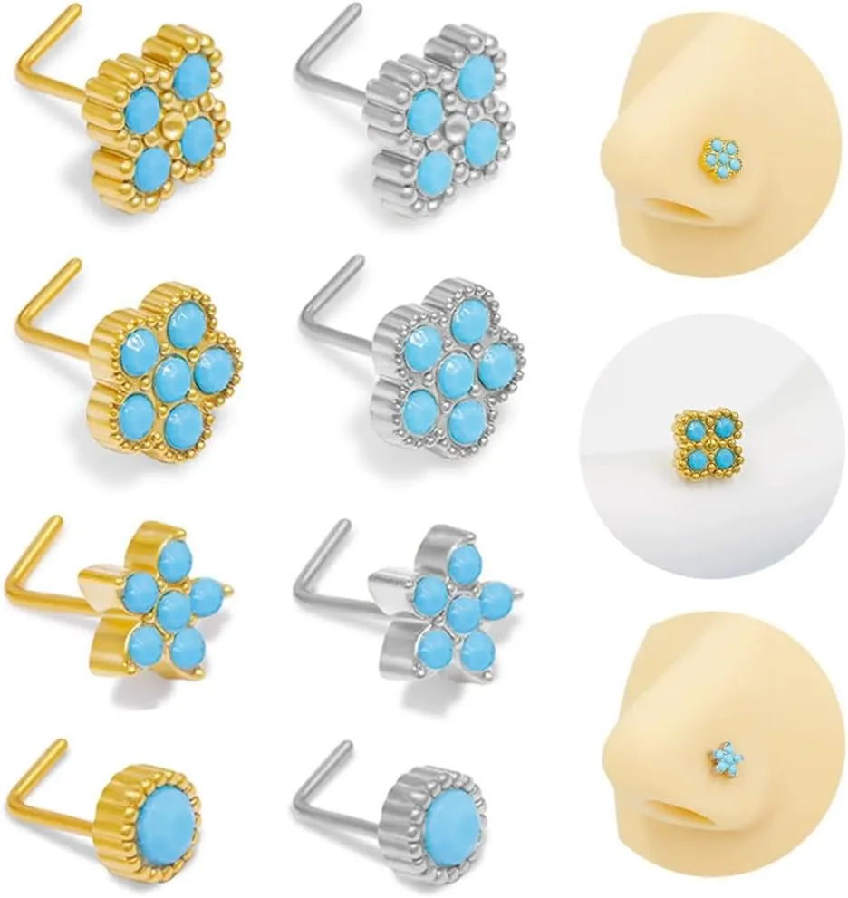 Hypoallergenic 316L Surgical Steel L-Shaped Nose Stud Ring for Women 20G Blue Turquoise Flower Nose Rings Studs Dainty Nostril Piercing Jewelry 2Pcs