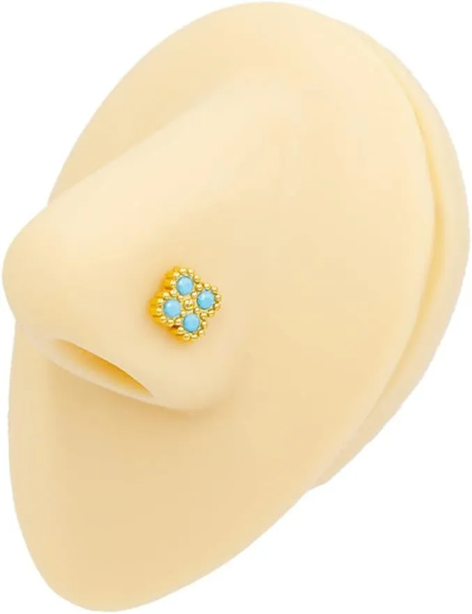 Hypoallergenic 316L Surgical Steel L-Shaped Nose Stud Ring for Women 20G Blue Turquoise Flower Nose Rings Studs Dainty Nostril Piercing Jewelry 2Pcs