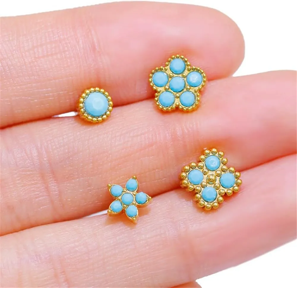 Hypoallergenic 316L Surgical Steel L-Shaped Nose Stud Ring for Women 20G Blue Turquoise Flower Nose Rings Studs Dainty Nostril Piercing Jewelry 2Pcs