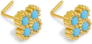 Hypoallergenic 316L Surgical Steel L-Shaped Nose Stud Ring for Women 20G Blue Turquoise Flower Nose Rings Studs Dainty Nostril Piercing Jewelry 2Pcs