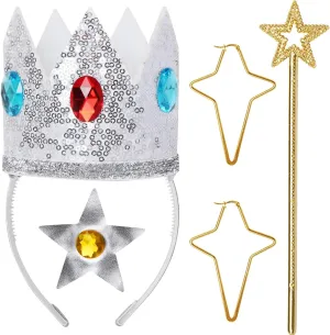 ICECUTE 4 PCS Princess Crown Accessories Kit,Princess Dress Up Accessories for Women Girls Silver