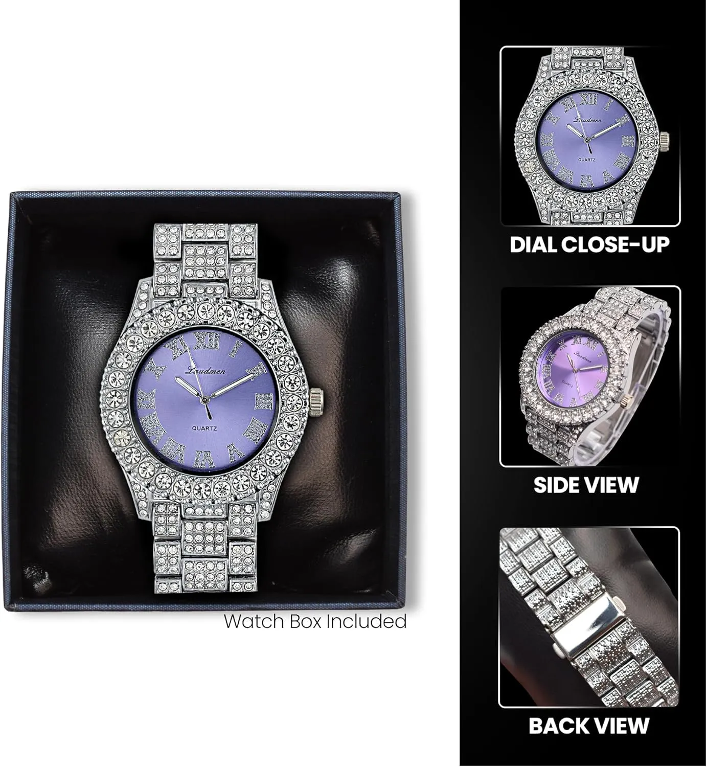 Iced Out 44MM Colorful Dial Gold Plated Big Diamond Roman Numeral Watch, Full Icy Cuban Link 18 Inch Necklace Chain, Bracelet Luxury Bling Gift Set