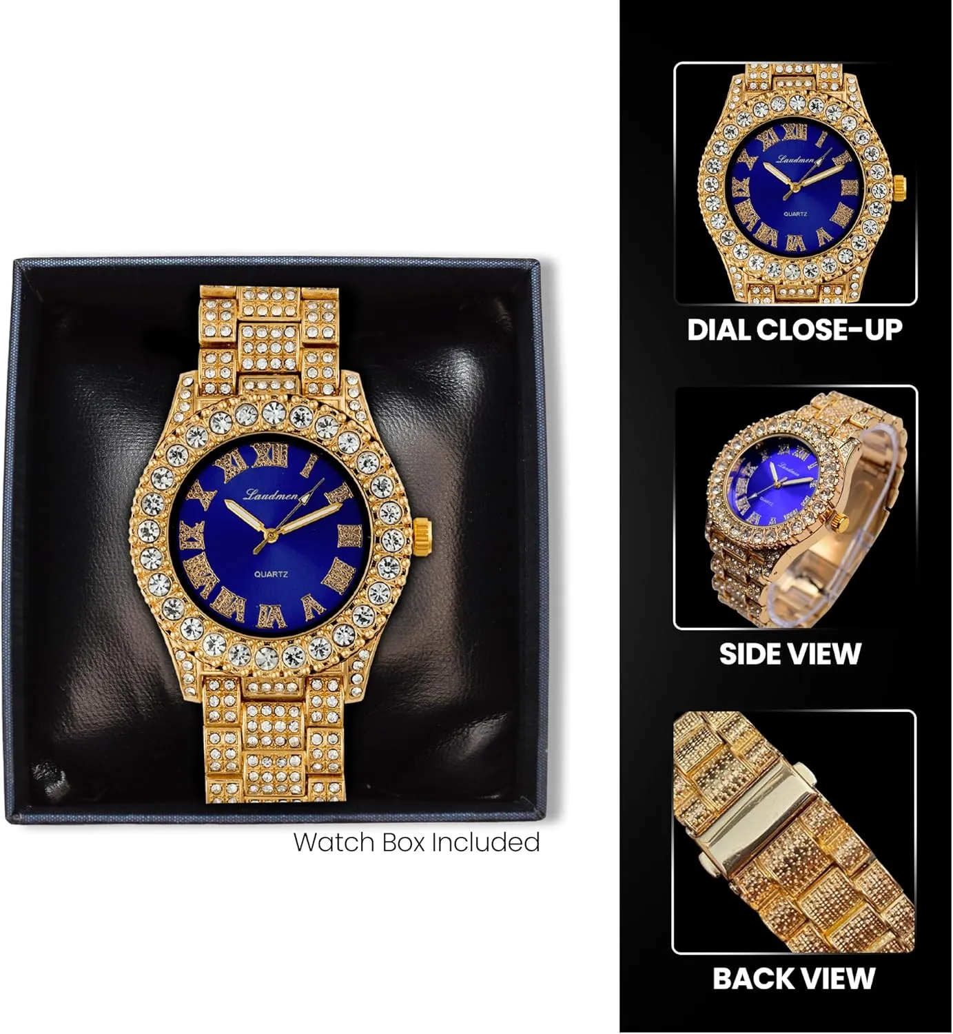 Iced Out 44MM Colorful Dial Gold Plated Big Diamond Roman Numeral Watch, Full Icy Cuban Link 18 Inch Necklace Chain, Bracelet Luxury Bling Gift Set