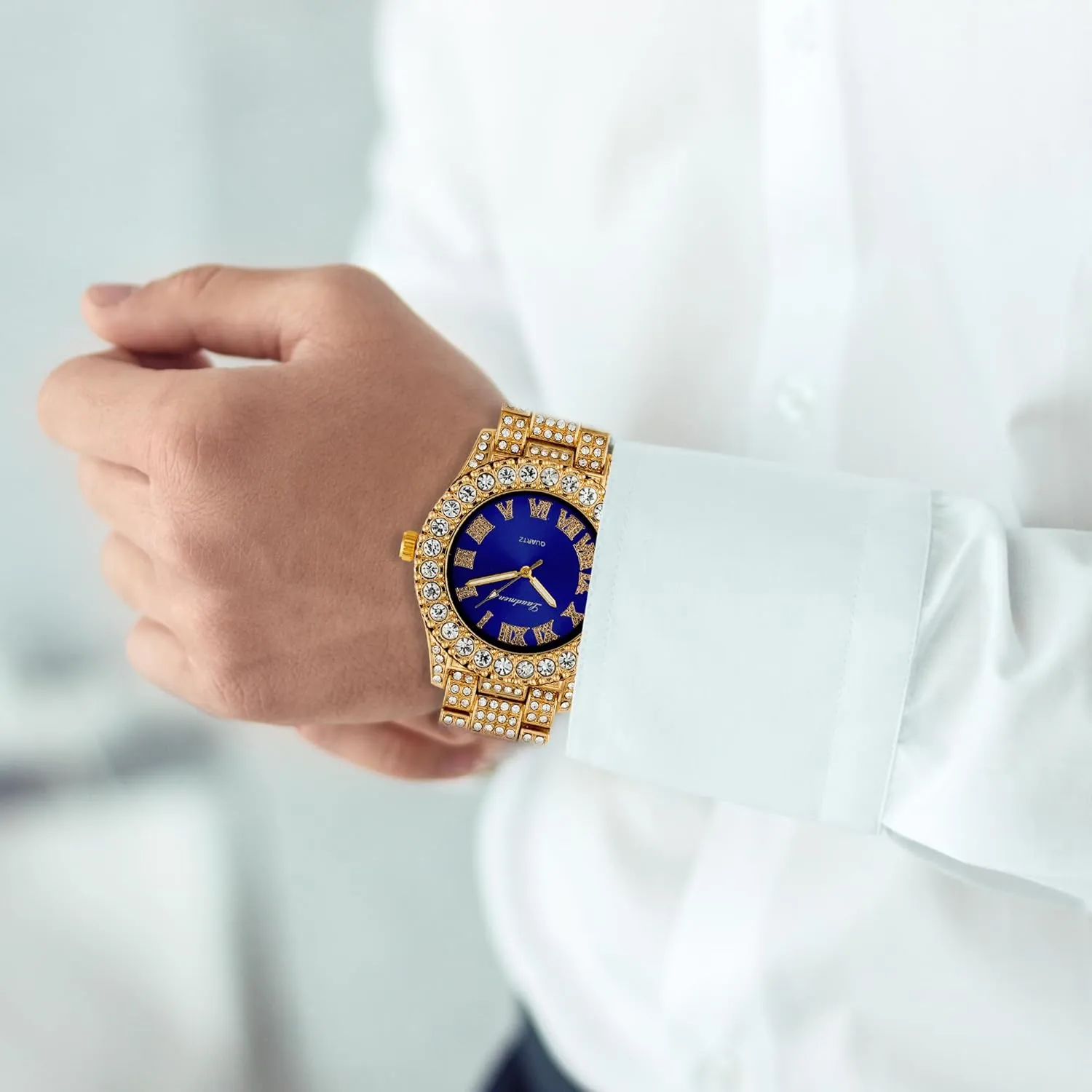 Iced Out 44MM Colorful Dial Gold Plated Big Diamond Roman Numeral Watch, Full Icy Cuban Link 18 Inch Necklace Chain, Bracelet Luxury Bling Gift Set