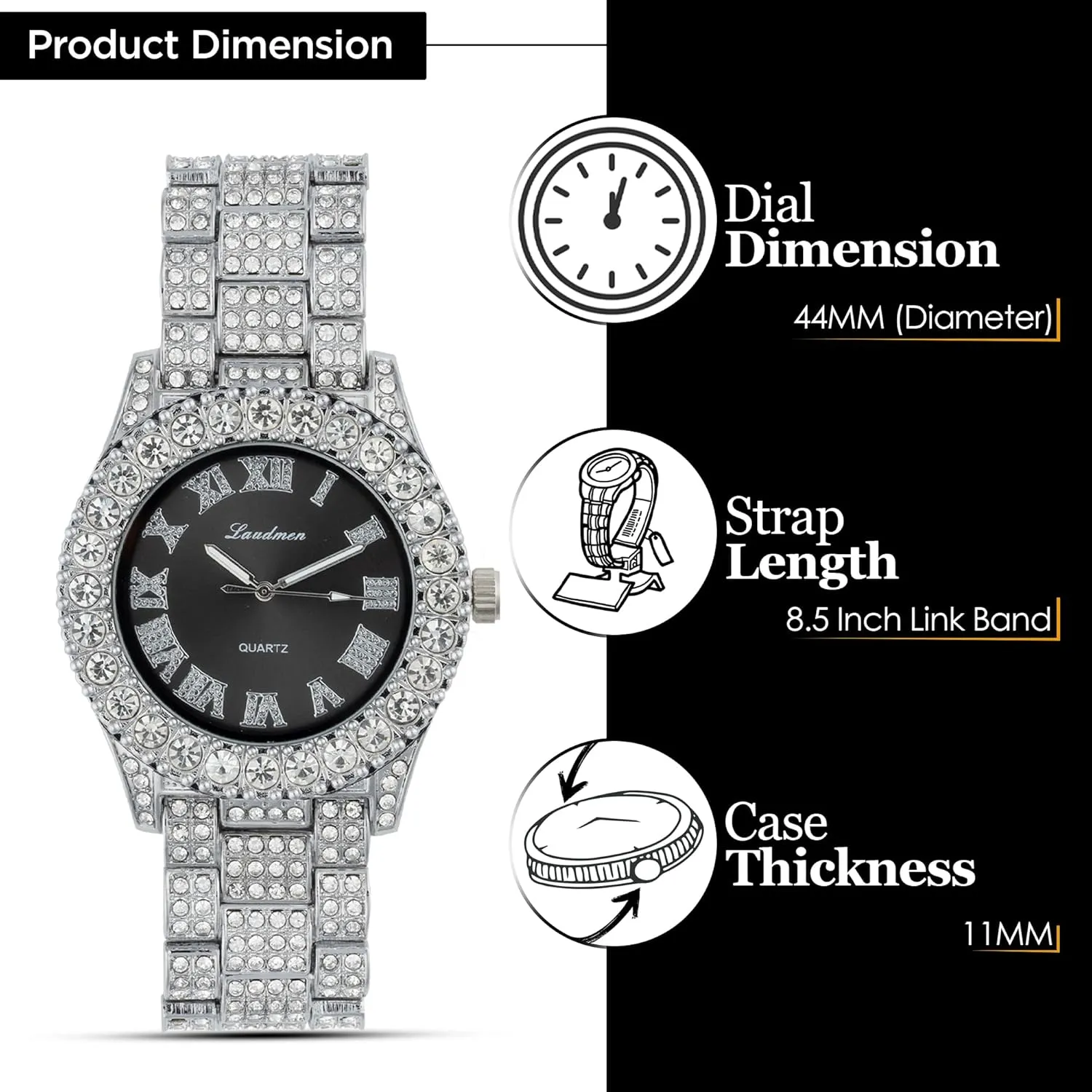 Iced Out 44MM Colorful Dial Gold Plated Big Diamond Roman Numeral Watch, Full Icy Cuban Link 18 Inch Necklace Chain, Bracelet Luxury Bling Gift Set