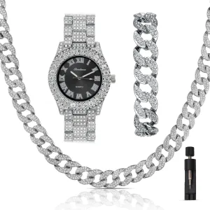 Iced Out 44MM Colorful Dial Gold Plated Big Diamond Roman Numeral Watch, Full Icy Cuban Link 18 Inch Necklace Chain, Bracelet Luxury Bling Gift Set