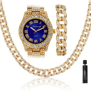 Iced Out 44MM Colorful Dial Gold Plated Big Diamond Roman Numeral Watch, Full Icy Cuban Link 18 Inch Necklace Chain, Bracelet Luxury Bling Gift Set