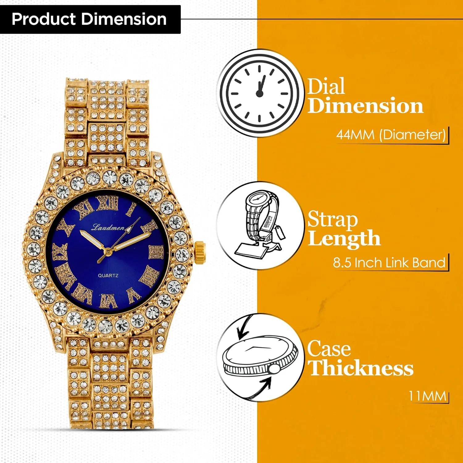 Iced Out 44MM Colorful Dial Gold Plated Big Diamond Roman Numeral Watch, Full Icy Cuban Link 18 Inch Necklace Chain, Bracelet Luxury Bling Gift Set
