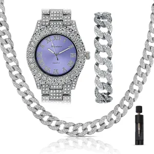 Iced Out 44MM Colorful Dial Gold Plated Big Diamond Roman Numeral Watch, Full Icy Cuban Link 18 Inch Necklace Chain, Bracelet Luxury Bling Gift Set