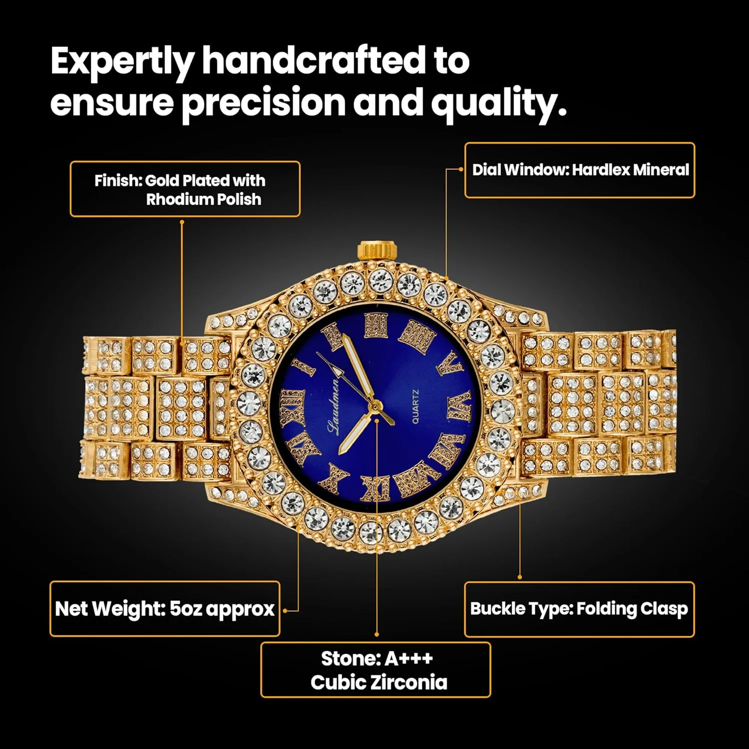 Iced Out 44MM Colorful Dial Gold Plated Big Diamond Roman Numeral Watch, Full Icy Cuban Link 18 Inch Necklace Chain, Bracelet Luxury Bling Gift Set