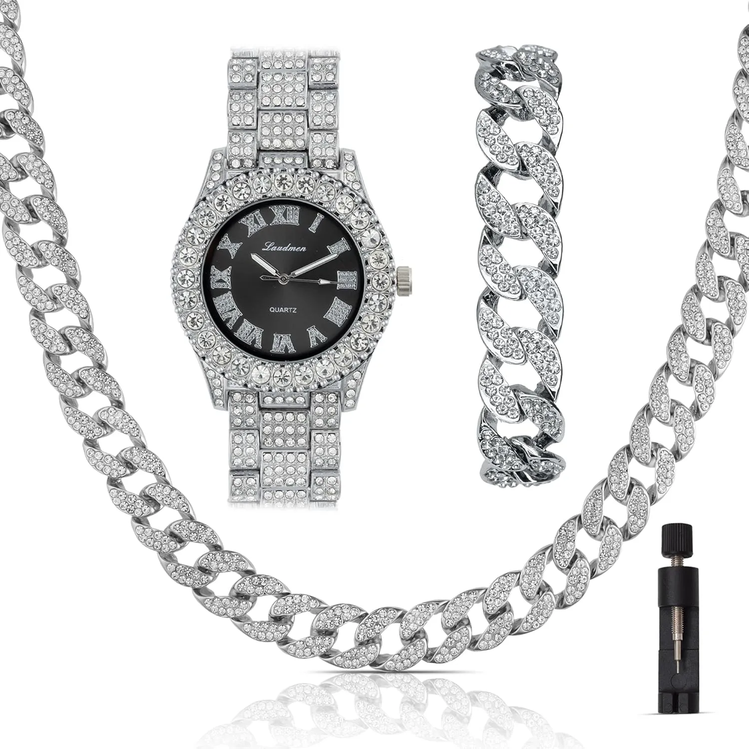 Iced Out 44MM Colorful Dial Gold Plated Big Diamond Roman Numeral Watch, Full Icy Cuban Link 18 Inch Necklace Chain, Bracelet Luxury Bling Gift Set