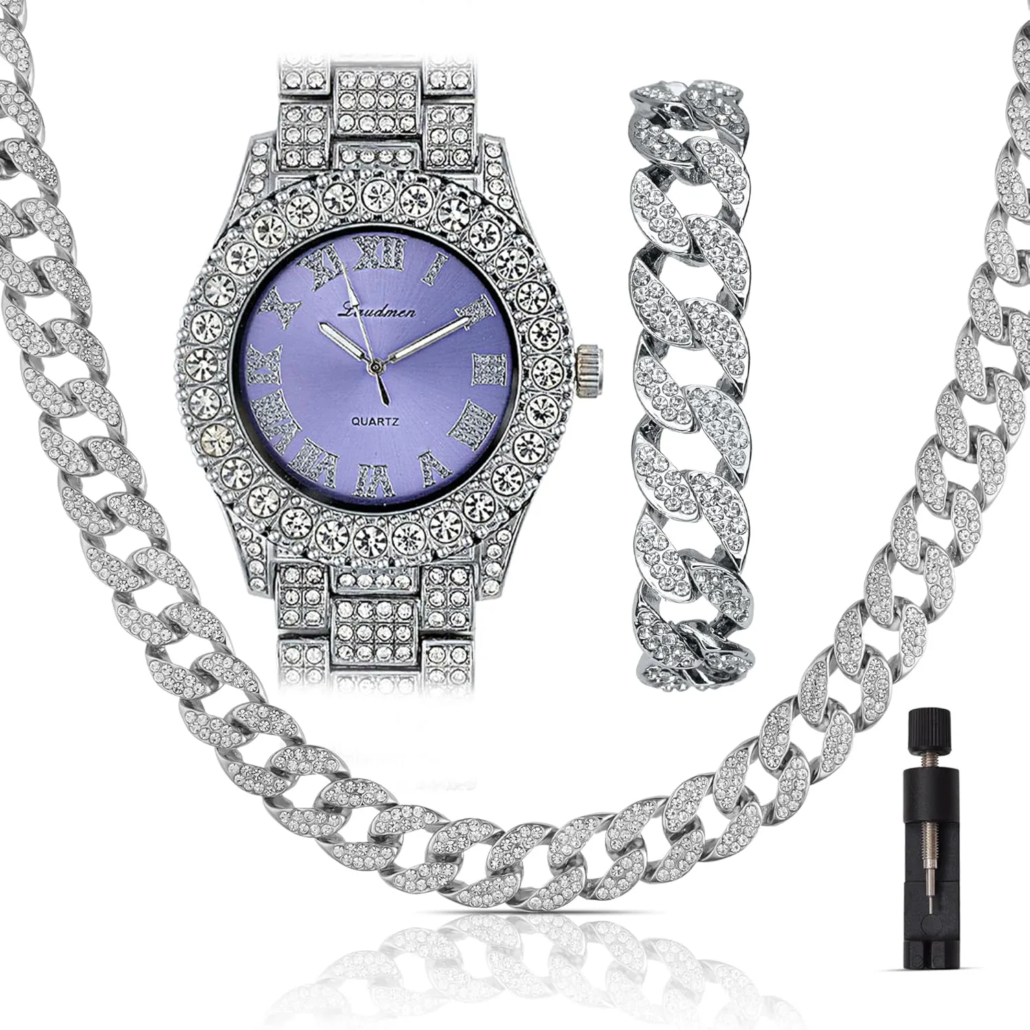 Iced Out 44MM Colorful Dial Gold Plated Big Diamond Roman Numeral Watch, Full Icy Cuban Link 18 Inch Necklace Chain, Bracelet Luxury Bling Gift Set