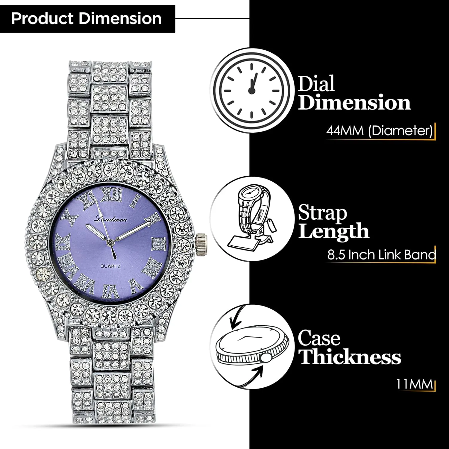 Iced Out 44MM Colorful Dial Gold Plated Big Diamond Roman Numeral Watch, Full Icy Cuban Link 18 Inch Necklace Chain, Bracelet Luxury Bling Gift Set