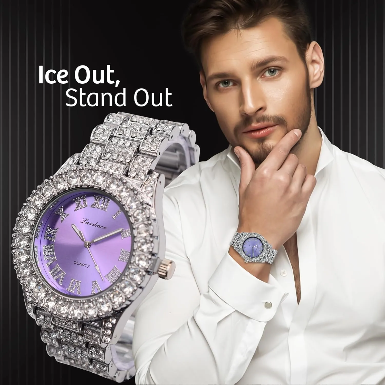 Iced Out 44MM Colorful Dial Gold Plated Big Diamond Roman Numeral Watch, Full Icy Cuban Link 18 Inch Necklace Chain, Bracelet Luxury Bling Gift Set
