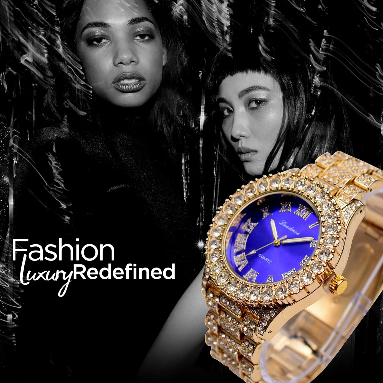 Iced Out 44MM Colorful Dial Gold Plated Big Diamond Roman Numeral Watch, Full Icy Cuban Link 18 Inch Necklace Chain, Bracelet Luxury Bling Gift Set