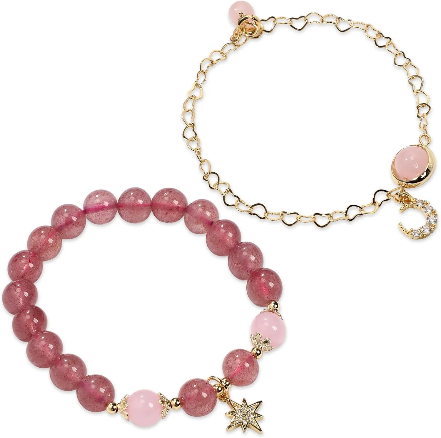 INS Style Women's Pink Crystal Healing Bracelet with Star and Moon Design - Ideal Gift for Women, Girlfriends, Wives, and Couples-star&moon, Small