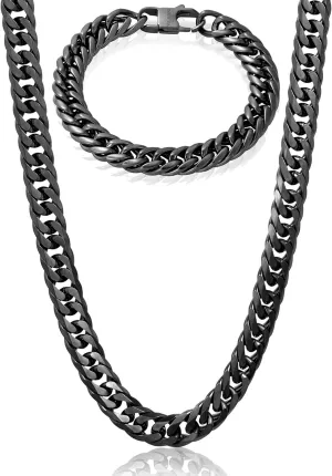 Invicta Jewelry Men's Double Curb Chain Black Bracelet and Necklace Set