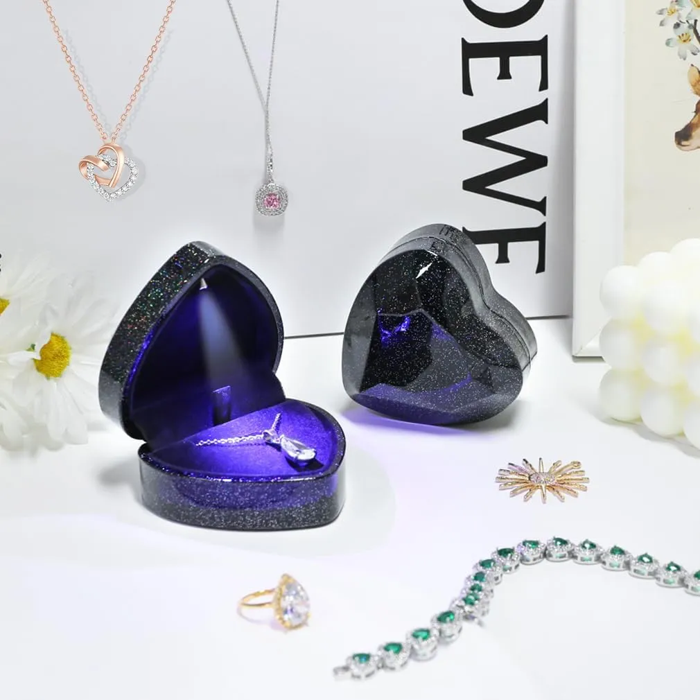 iSuperb Pendant Necklace Box with LED Light Heart Shape Jewelry Gift Box Bracelet Case for Anniversary Wedding Engagment (starry sky black)