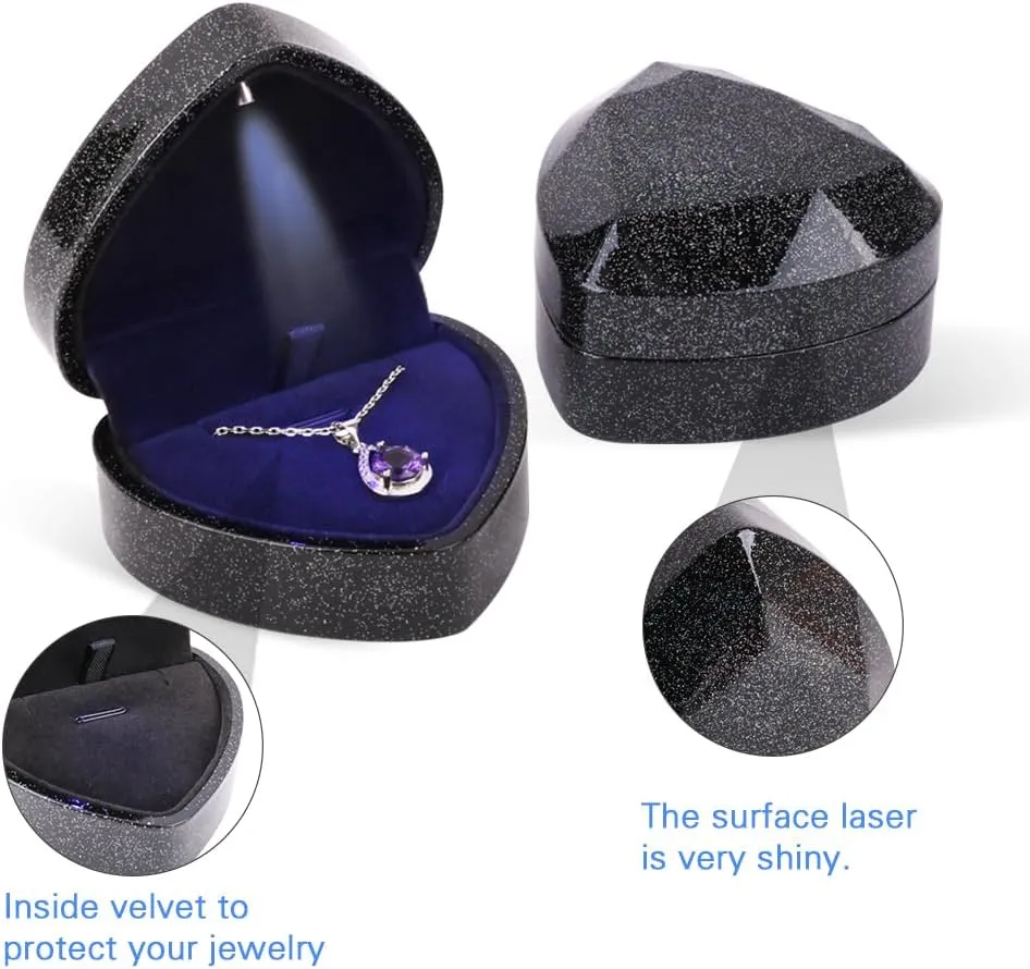 iSuperb Pendant Necklace Box with LED Light Heart Shape Jewelry Gift Box Bracelet Case for Anniversary Wedding Engagment (starry sky black)