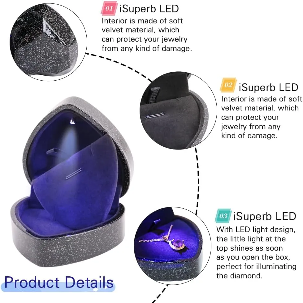 iSuperb Pendant Necklace Box with LED Light Heart Shape Jewelry Gift Box Bracelet Case for Anniversary Wedding Engagment (starry sky black)
