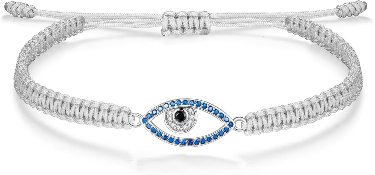J.Endar Evil Eye Bracelet for Women Sterling Silver 925 Cubic Zircon Nazar Luck String Grey Cord Bracelet Handmade Jewellery Protection Amulet Gift